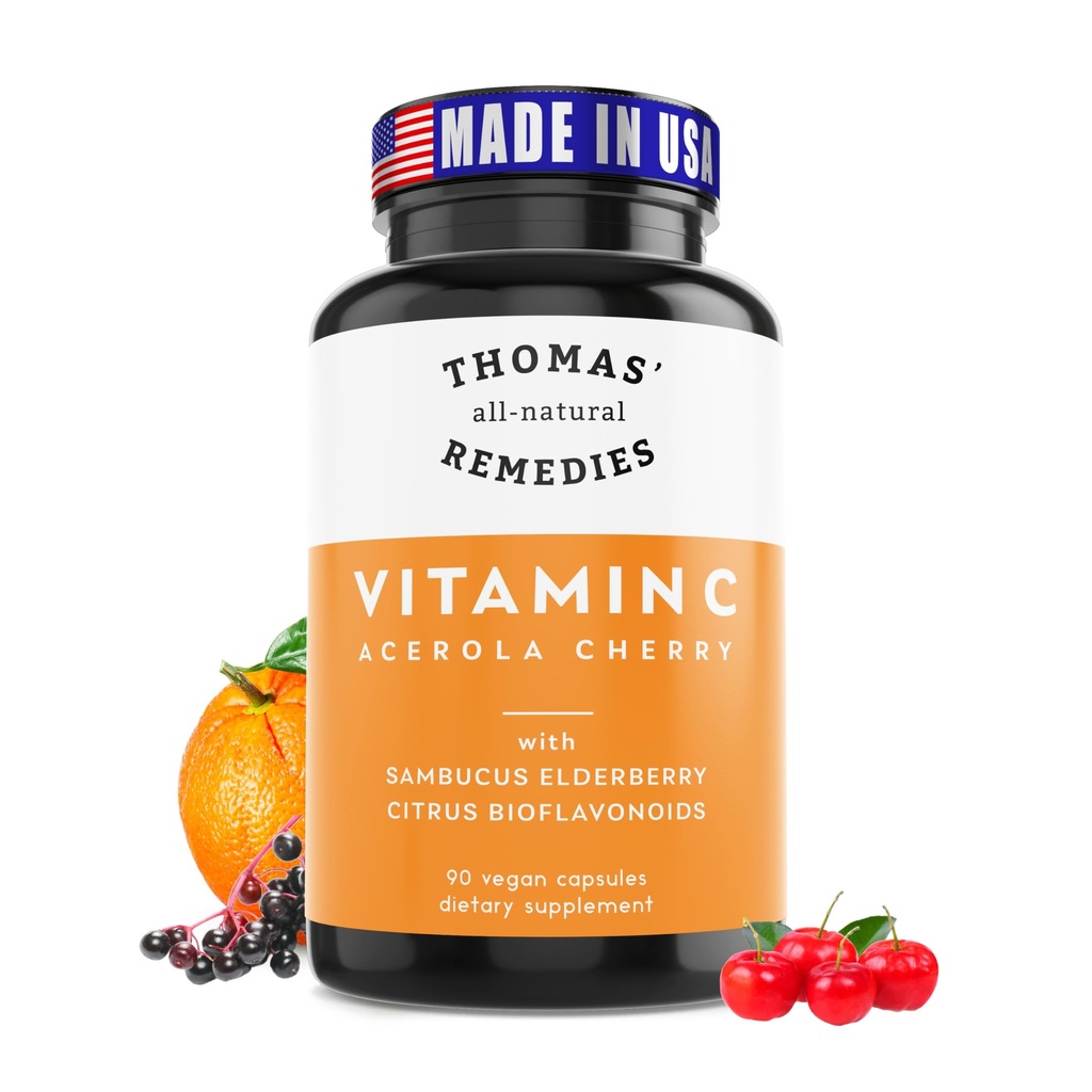 Remedios naturales de Thomas Vitamina C con Elderberry Orgánica, Citrus Bioflavonids - Suplemento Alimentario completo - No GMO - Raw Vegan - 90 cápsulas