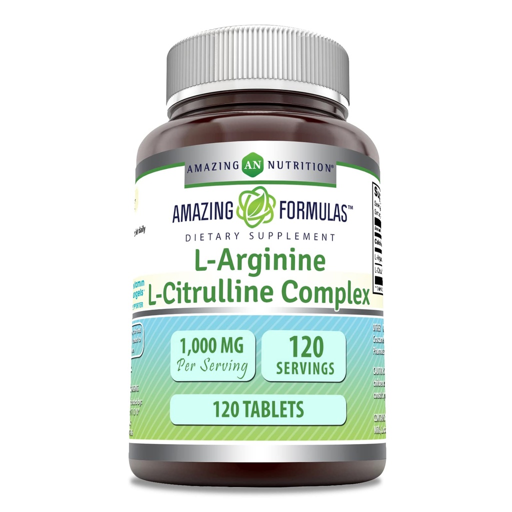Amazing Formulas L-Arginine/L-Citrulline Complejo 1000mg 120 Tablets Suplemento No-GMO TEN Gluten Free TEN Made in USA