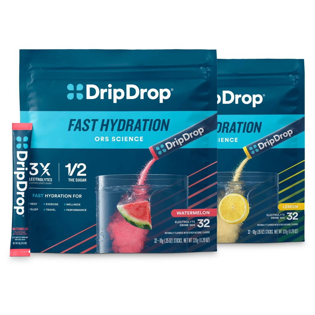 DripDrop Hydration - Electrolyte Powder Packets - Watermelon & Lemon Bundle - 64 Conde