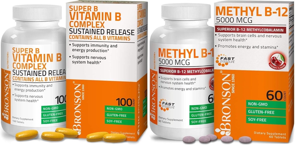 Bronson Methyl B12 5000 mcg Vitamina B12 Methylcobalamin Lozenges + Complejo Super B Vitamina B Sostenido Slow Release