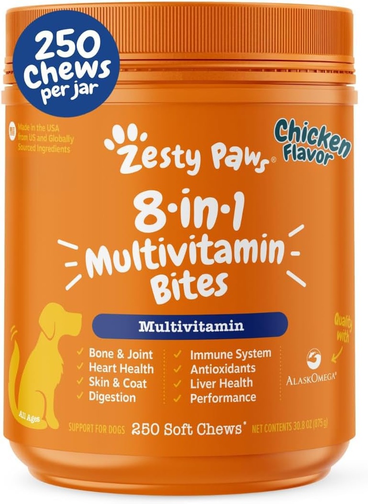 Zesty Paws Dog Multivitamin, Chewable Dog Vitamins and Supplements for Hip " Joints, Skin " Coat, Omega 3 Fish Oil for Dogs- Senior " Puppy Multivitamin - Chicken- 250ct