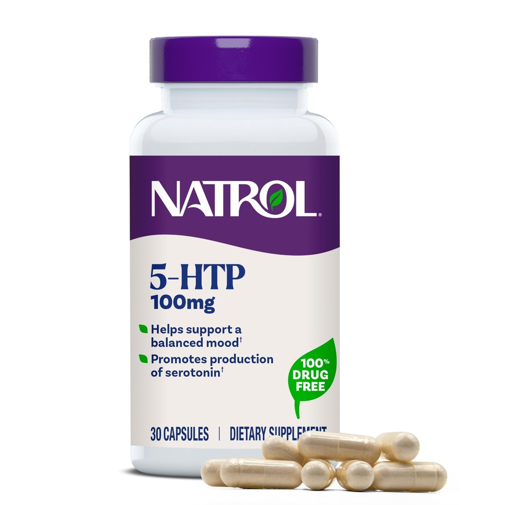 Natrol Mood + Estrés 5-HTP 100 mg, Suplemento dietético para una mezcla equilibrada, cápsulas para adultos, 30 cápsulas, hasta un suministro de 30 días