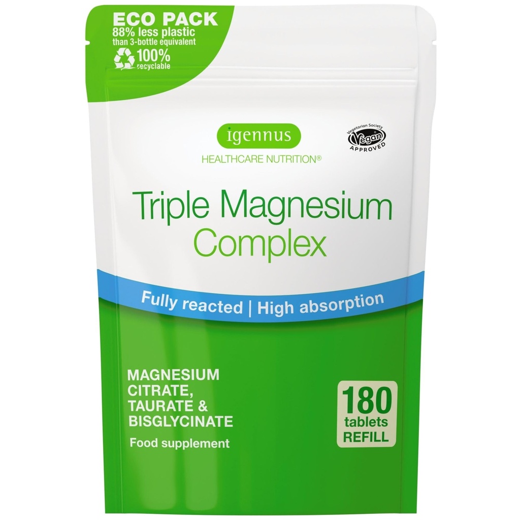 Igennus Complejo de Magnesio Triple Superior, Glycinate totalmente reformado, Taurate & Citrate, Etiquetas limpias, Alta Biodisponibilidad " Absorción, 180 Tabletas, Vegan, No amortiguado