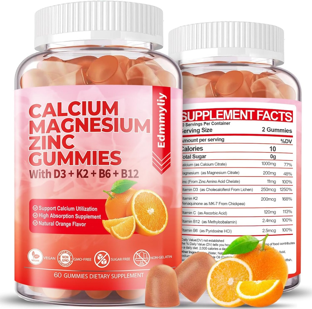 Suplemento de magnesio de zinc de azúcar con vitamina D3 &amp; B12 para mujeres y hombres de alta absorción Suplemento de magnesio de calcio para soporte de inmuno (120 condes)
