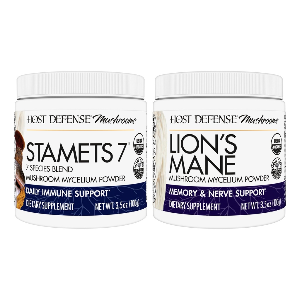 Host Defense Bundle con Stamets 7 Mushroom Powder, 3.5 oz &amp; Lion's Mane Powder, 3.5 oz - Soporte Immune Health con 7 Especies Blend - Asistencia Brain Health, Memory & Focus*