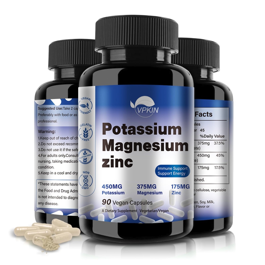 Suplemento de magnesio de potasio 1000mg, alta absorción Magnesio Potasio Zinc Aspartate (90 cápsulas)