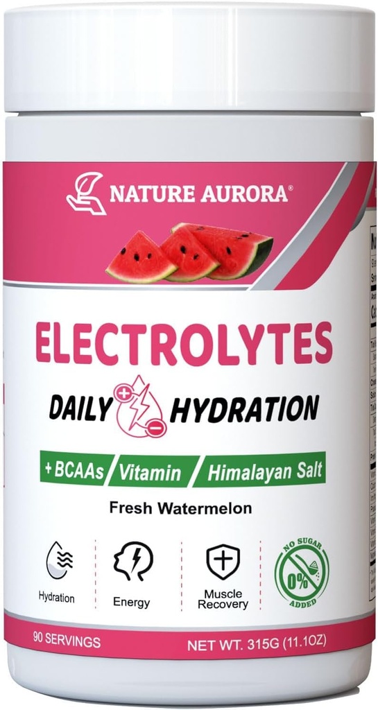 Electrolytes Powder No Sugar, Pólvora electrolítica de sandía fresca, Polvo de hidratación, Mejorado con Sal Himalaya, BCAAs y B-Vitamins, Sin Calories, Bebida de electrolito de azúcar gratis - 90 Servings