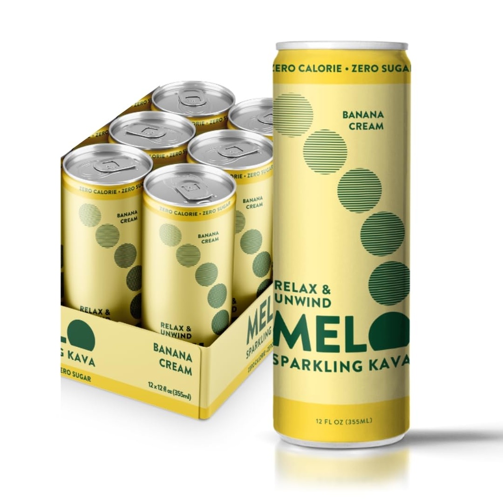Melo Sparkling Kava Drink, Banana Cream, Sugar Free Non Alcoholic Drinks with Zero Calories, Gluten Free, Vegan, 100% Natural Mocktail con 100mg Kava Root per Drink, 6 Pack, 12 oz Cans