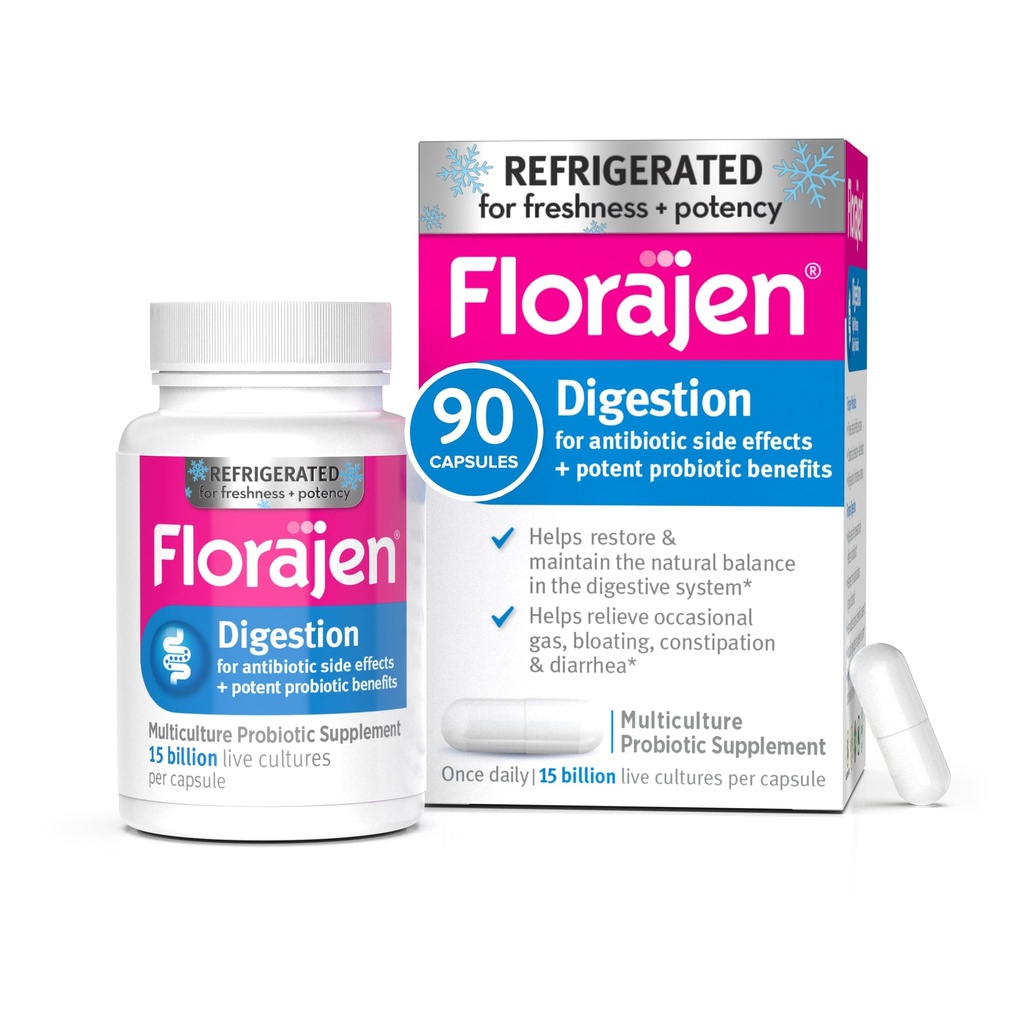 Florajen Digestion Probiotic - Advanced Gut Health Supplement for Constipation &amp; Bloating Relief - 15 Billion Live Cultures - Multi-Strain Formula - Refrigerated for Potency & Freshness - 90 Capsules
