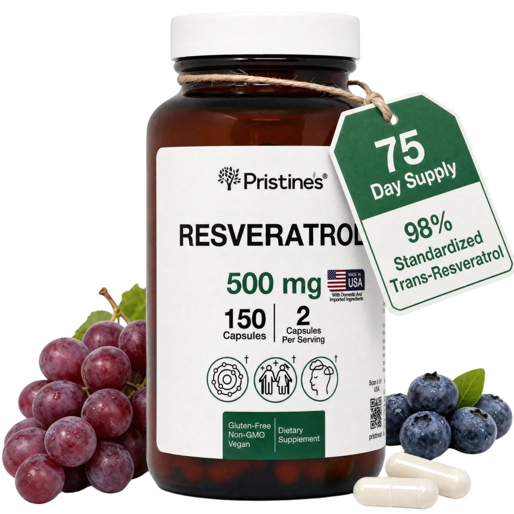 Resveratrol de PRISTINE 500MG 75 Day Supply Antioxidant &amp; Heart Health Supplement Capsules - Brain &amp; Lung Health Benefits