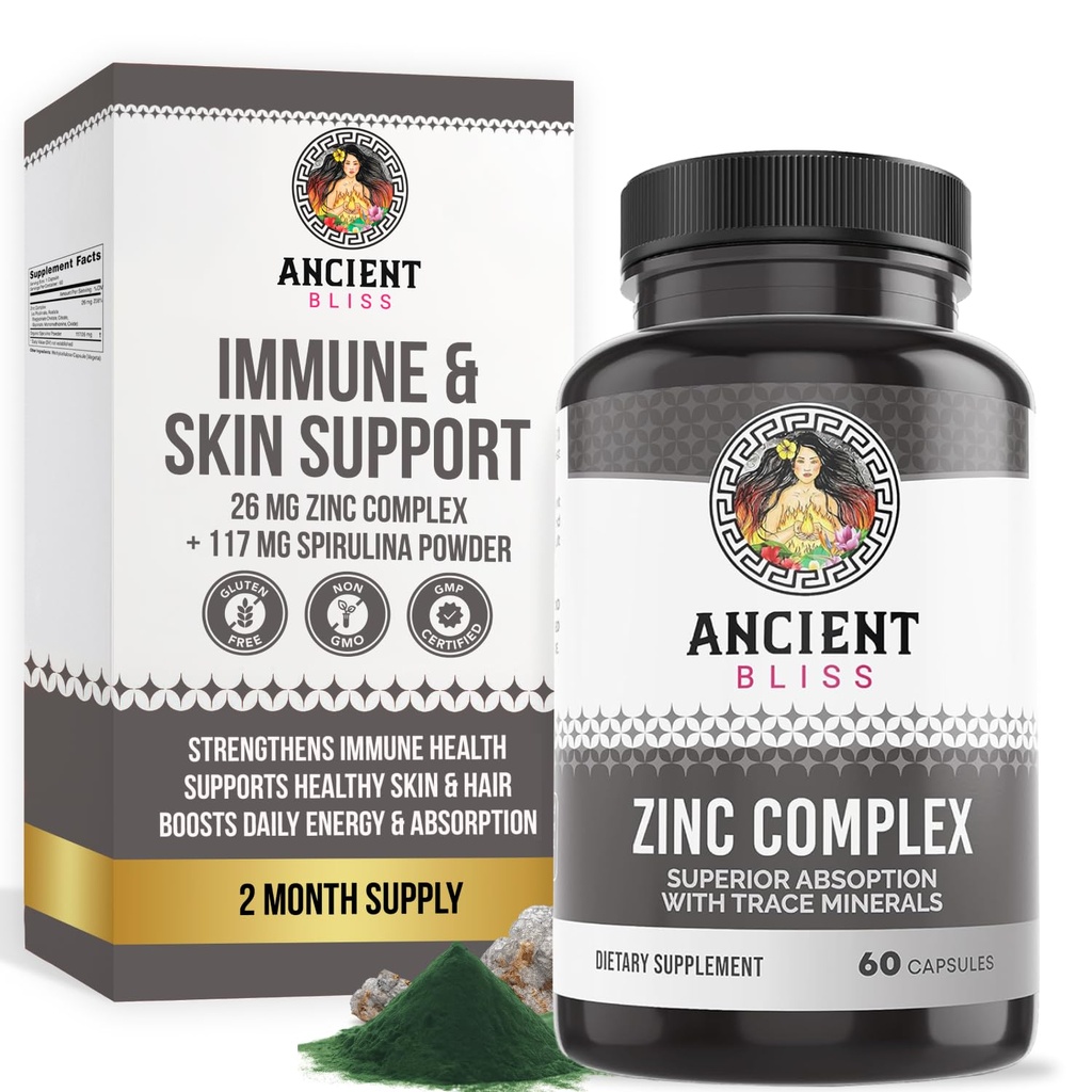Zinc Complex Capsules with Enhanced Absorption, Antioxidant & Immune Support Supplement, Zinc Supplement for Men &amp; Women by Ancient Bliss (60 Capsules)