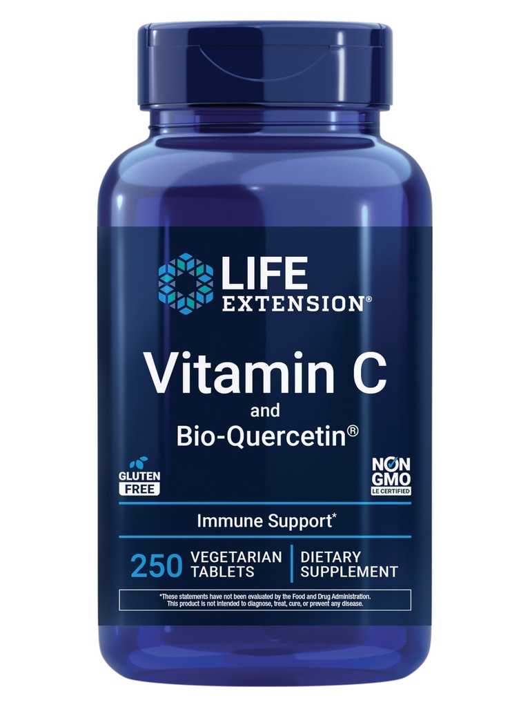 Extensión de la vida Vitamina C y Bio-Quercetin®, Suplemento Cardiovascular de Salud, Apoyo Inmunitario, Alta absorción, quercetina, Vitamina C, Gluten Gratis, No GMO, Vegetariano, 250 Tabletas