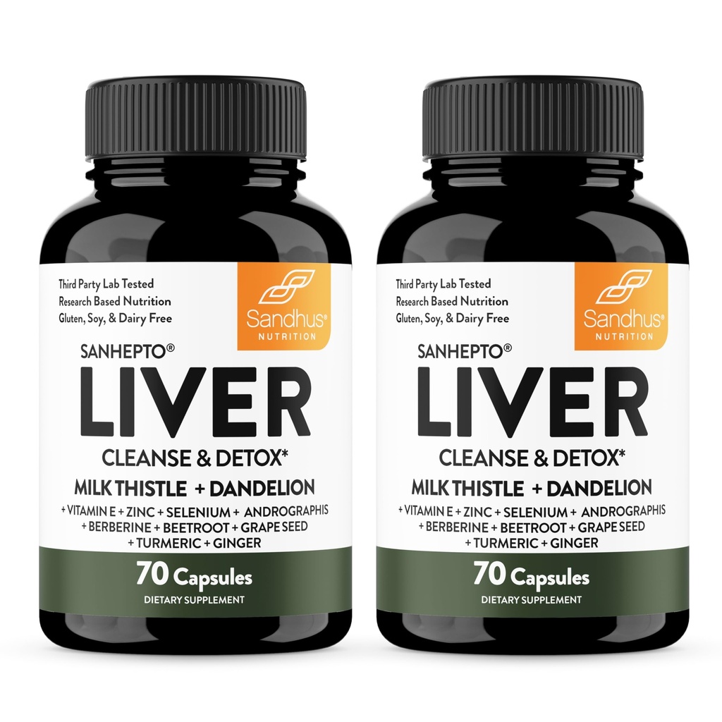 Sandhu's Liver Cleanse Detox &amp; Repair Support ← 70 Capsules (Pack of 2) Silencio Herbal Supplement for Liver Health TEN LLEK Thistle Dandelion Root Andrographis with 8 Minerals