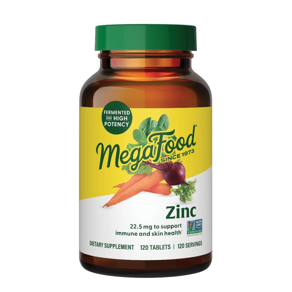 Suplementos MegaFood Zinc - Suplemento Vegan Immune Support con 22.5 mg Zinc fermentado de alta potencia - Hecho con comida real - Gluten-Free, Kosher - 120 Tablets, 120 Servings