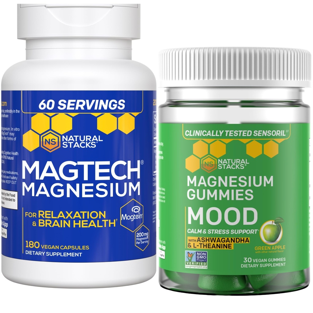 Natural Stacks Magtech Magnesium + Mood Magnesium Gummies Bundle - 4 Formas de Magnesio - Relajación, Salud Cerebro y Estrés Soporte* - 210 Cantidad Total