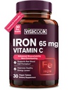 Suplemento de Hierro para Mujeres Hombres Silencioso Hierro 65mg con Vitamina C 250mg ¦ Stomach Pills de Hierro Amistoso para Celular de Sangre Rojo &amp; Apoyo Inmunitario ← Vegan, No GMO &amp; Gluten Gratis TEN 30 Tabs