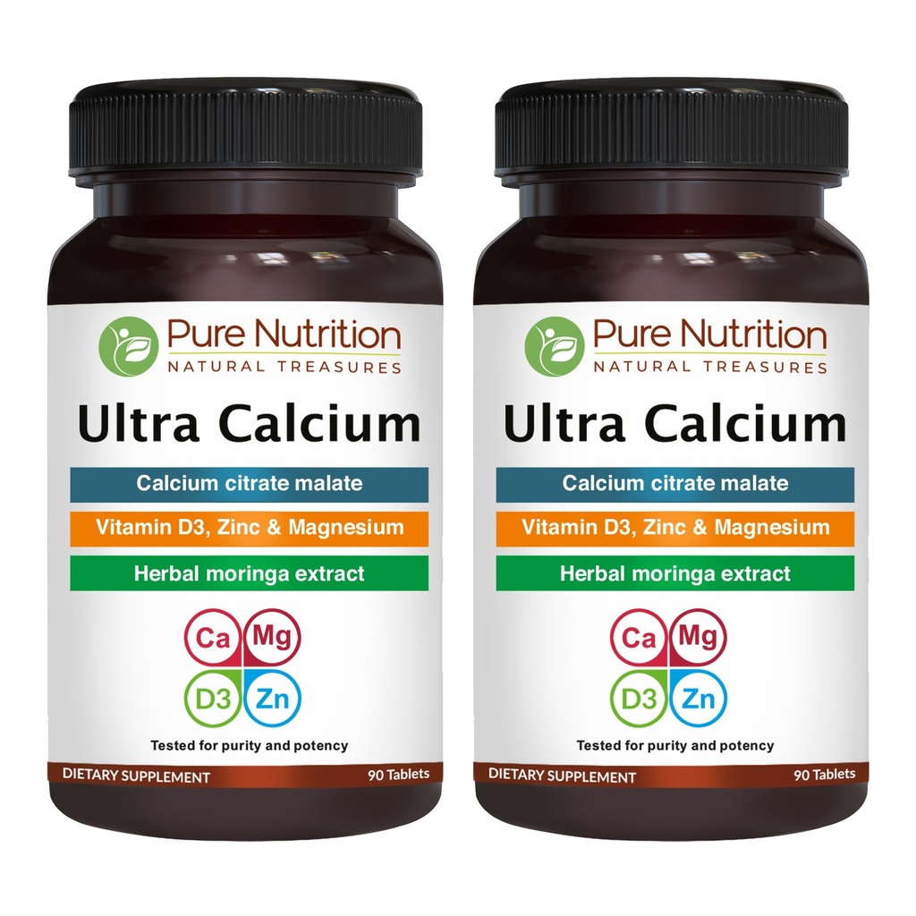 Nutrición pura Ultra Calcio 1000mg con VIT D3 + K2 tención 180 Tabs (90 X Pack of 2) ← Suplemento calcium altamente absorbible con Calcio Citrate Malate, VIT D3, K2, Moringa Oleifera, Magnesio y Zinc.