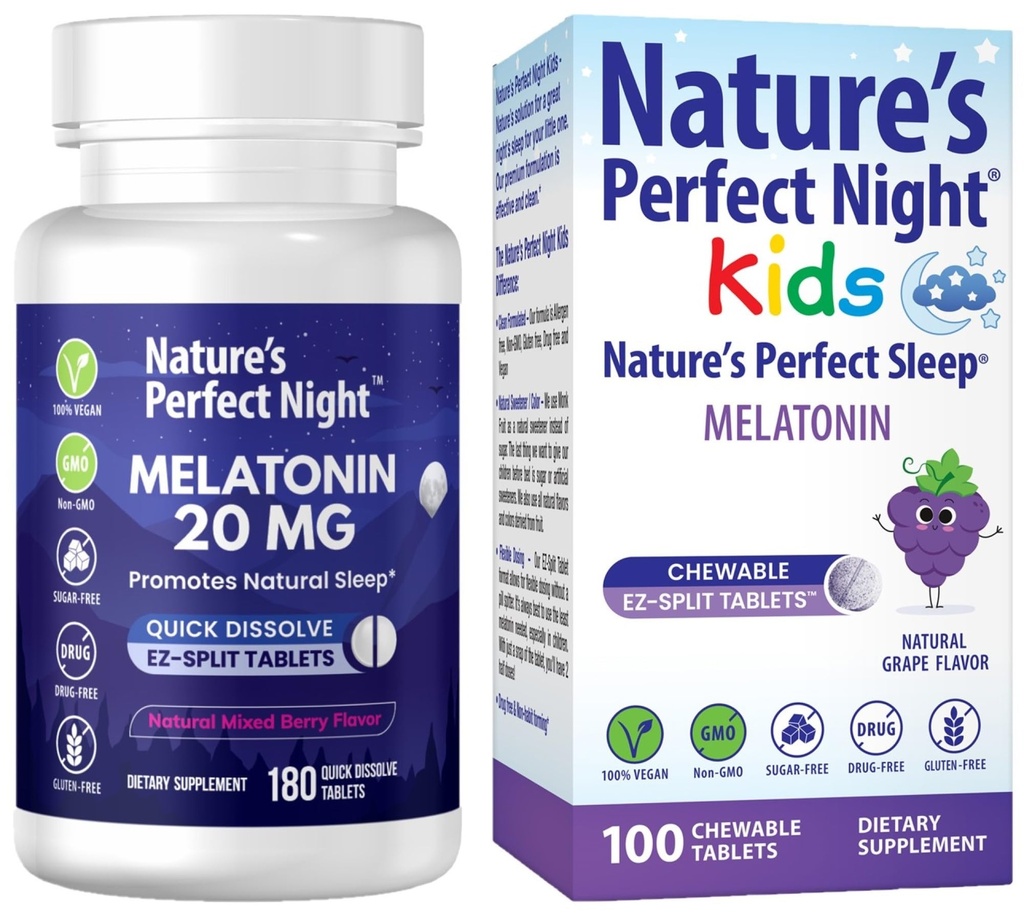 Perfect Night Bundle de la Naturaleza   Melatonin 20mg ← Kids Melatonin 1mg  180 Count  durable 100 Count ← Sugar Free ← Gluten Free ← Non-GMO Silencio Vegan