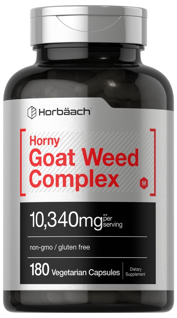 Horbäach Horny Goat Weed Complex ← 10,340 mg  durable 180 Capsules ¦ Vegetarian, Non-GMO, y Gluten Free Formula with Tribulus, Maca, Yohimbe, and L-Arginine