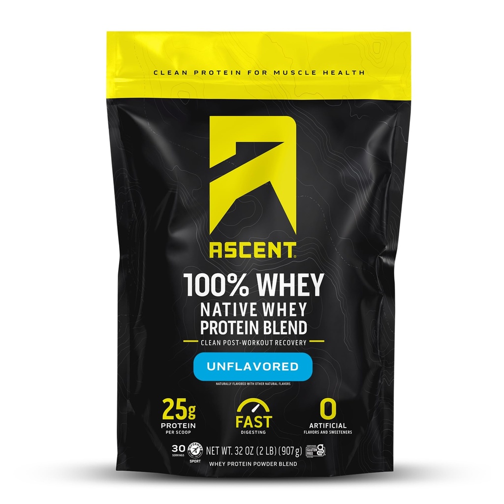 Ascent 100% Whey Protein Powder - Post Workout Whey Protein Isolate, Zero Artificial Flavors &amp; Sweeteners, Gluten Free, 5.5g BCAA, 2.6g Leucine, Unflavored 2 lb
