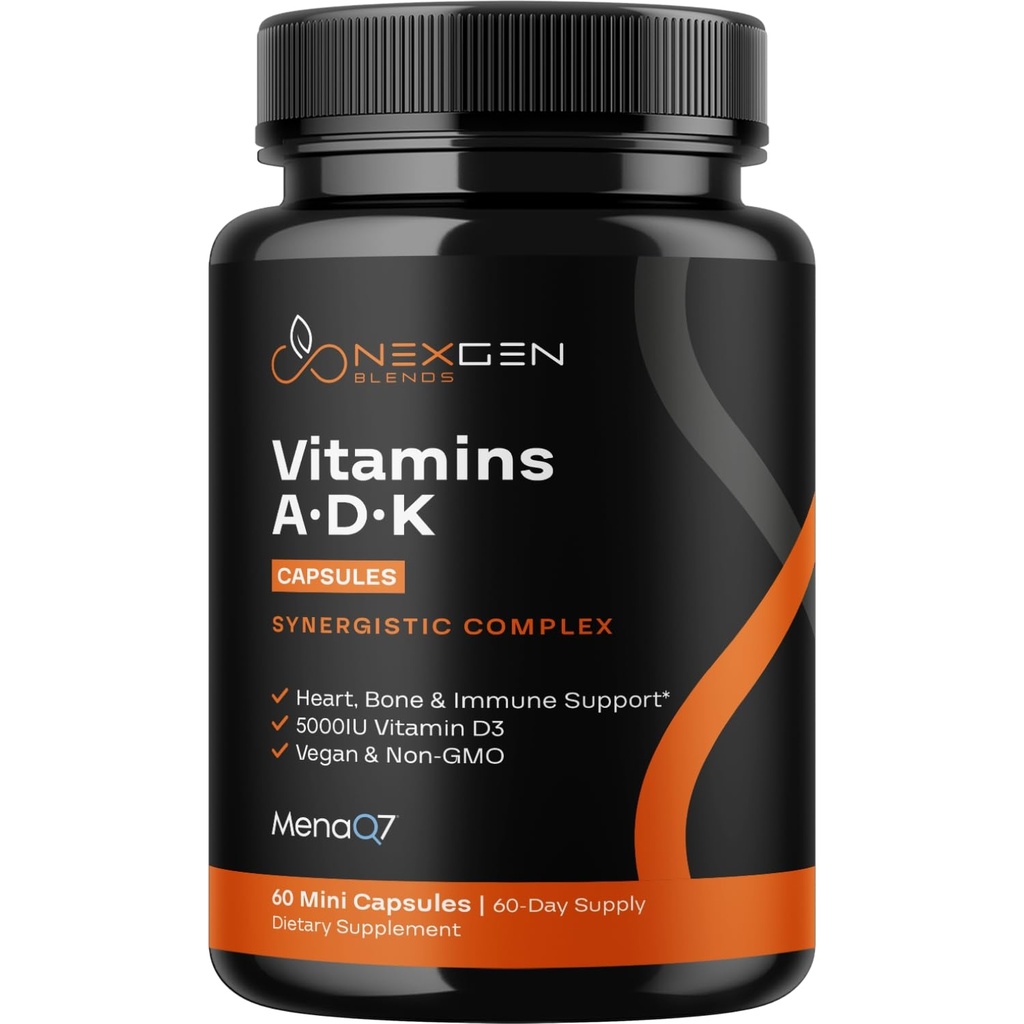 High Absorption ADK Vitamin Supplement - Vegan Vitamin D3 K2 MK7 &amp; A for Calcium Regulation Plus Bone Heart Thyroid &amp; Immune Support - Vitamina ADK con 5000IU D3 Non GMO & Gluten Free (2 meses)