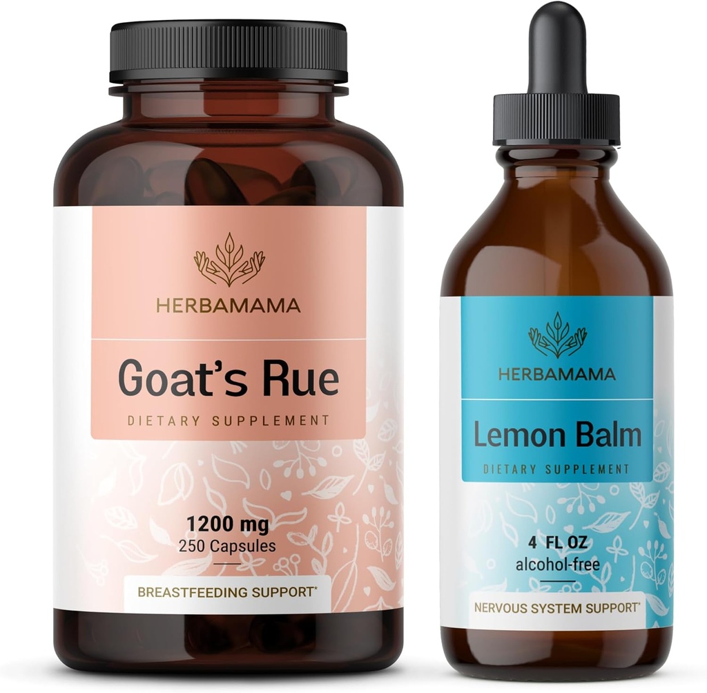 HerbAMAMA Goat's Rue and Lemon Balm Kit - Bundle of 1200 mg Goat's Rue Capsules " Lemon Balm Liquid Drops 4 fl oz - Vegan, Non-GMO, Sugar " Alcohol-Free - 2 Pack