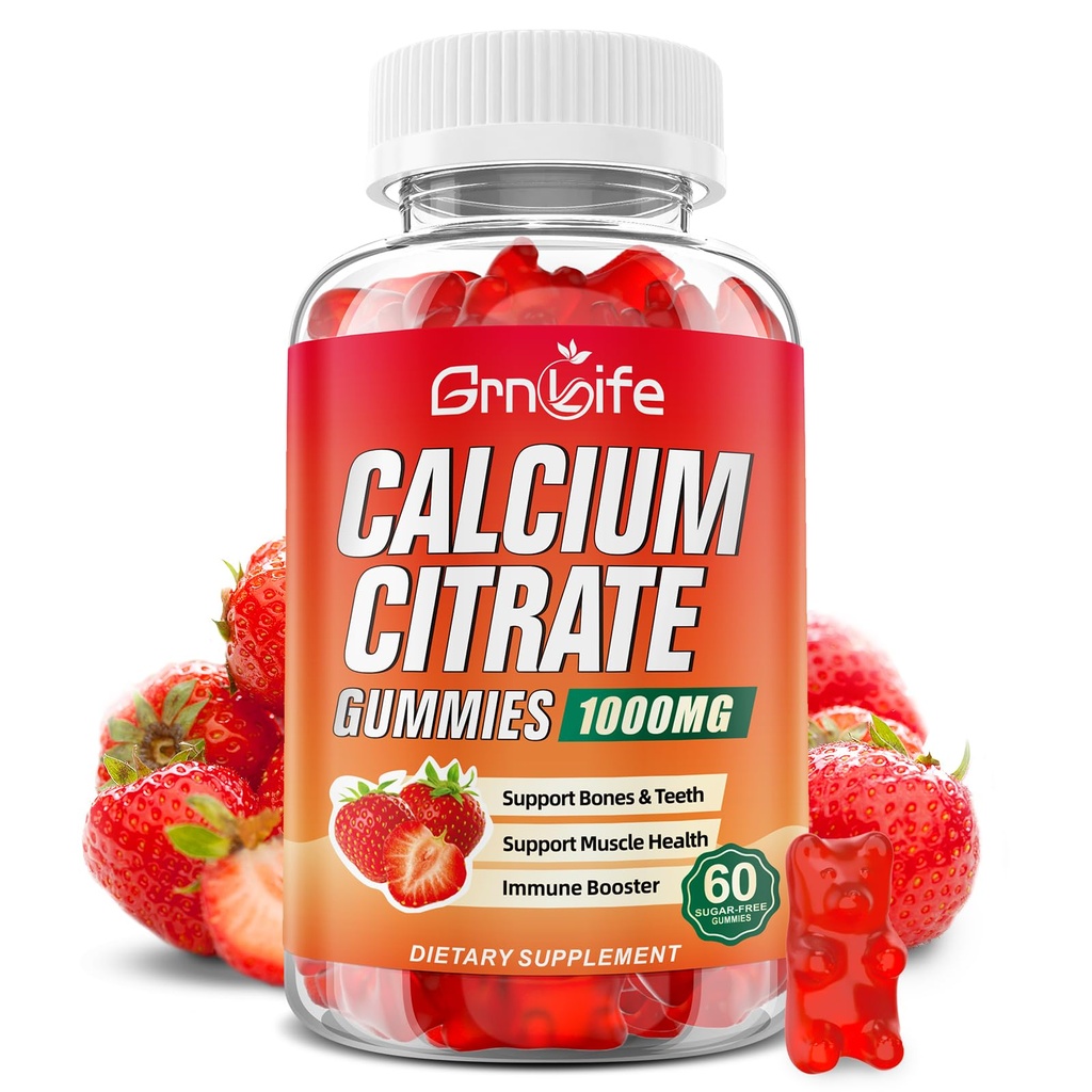 Calcio Citrate Gummies, Azúcar Citrato de Calcio Gratuito 1000mg para Muscle Saludable, Absorción Suplementos de Calcio para Adultos &amp; Niños, Fresa, 60 Cuenta