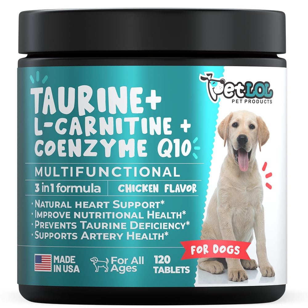 Suplemento de Taurina para Perros con L-Carnitina y Coenzima Q10 (CoQ10): Vet Endorado para el Corazón Agrandado (DCM), insuficiencia cardíaca congestiva, deficiencia de Taurina: 3-en-1  Suplementos de perros- 120ct
