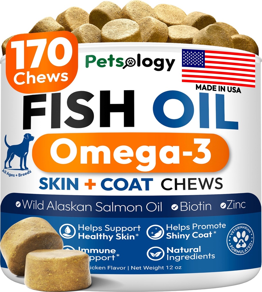 Omega 3 aceite de pescado para perros - 170 cerdas - Omega 3 para perros Itchy Skin &amp; Alivio de la alergia - Skin &amp; Coat Suplemento - EPA & DHA Fatty Acids - Dog Anti Shedding & Hot Spot Tratamiento - Aceite de salmón