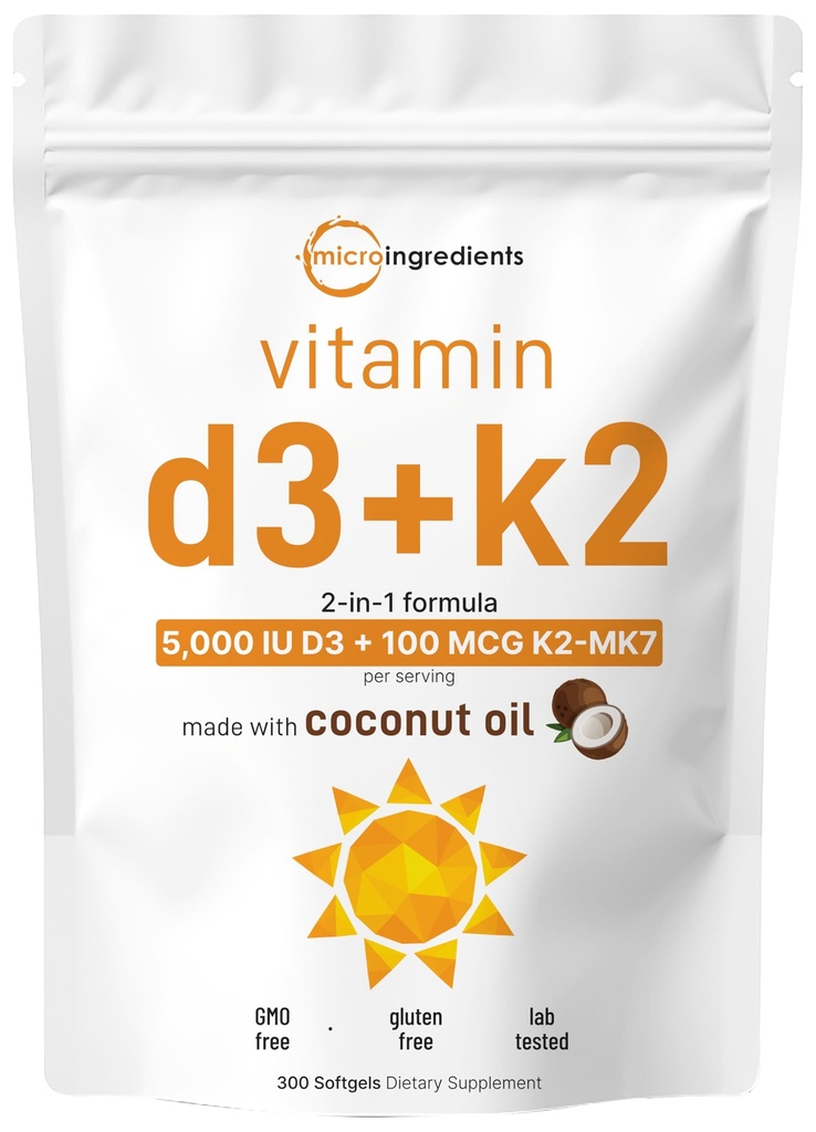 Micro Ingredientes Vitamina D3 5,000 UI + K2 MK-7 100 mcg, 300 Softgels viv Virgin Coconut Oil TEN 2-in-1 Bone, Immune & Heart Support TEN Easy to Swallow, Non-GMO