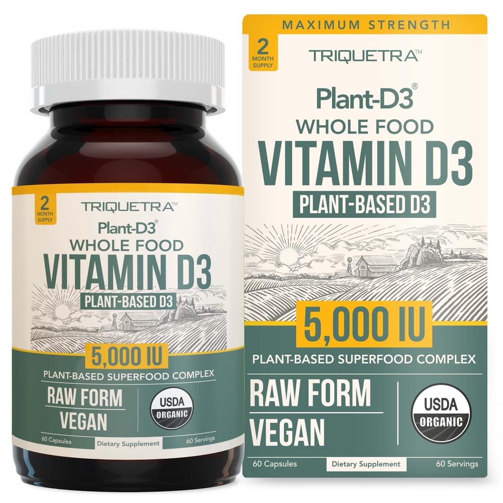 Vitamina Orgánica D3 5.000 UI - 100% Comida entera " Forma de Cholecalciferol de base vegetal, 100% Vitamina Vegana D - Reforzada con Complejo Prebiótico " Superalimentario - Orgánica, Vegana, GMO " Gratuito (60 cápsulas)