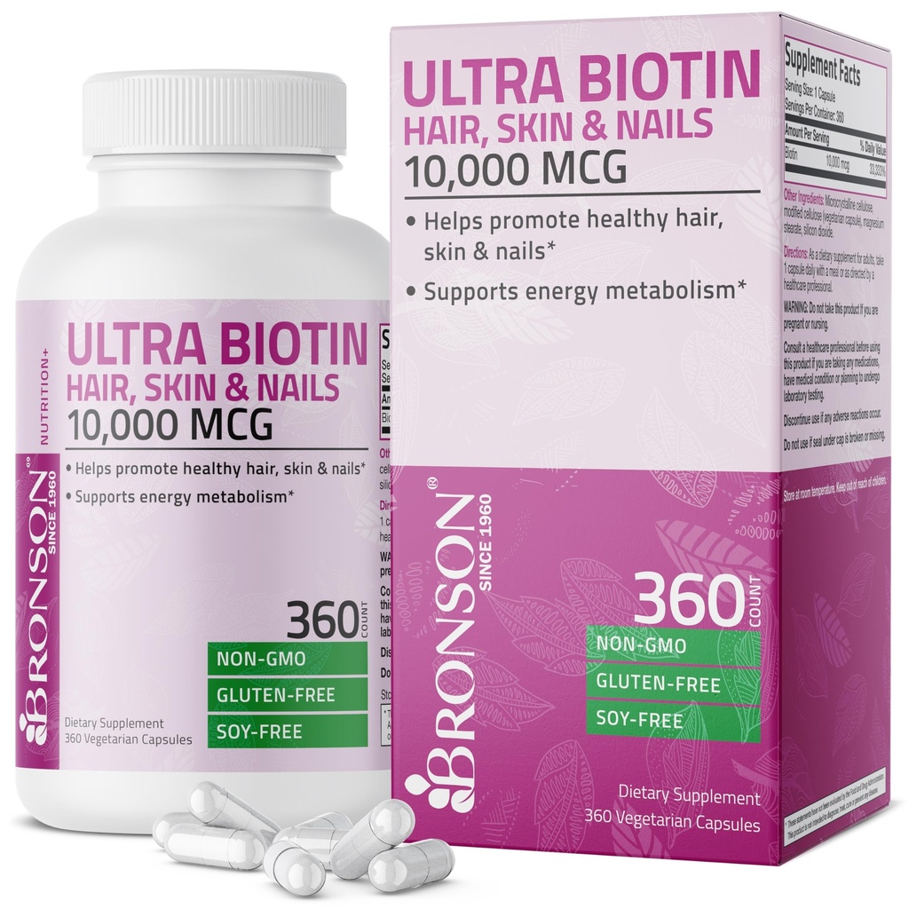 Bronson Ultra Biotin 10,000 Mcg Hair Skin and Nails Suplemento, Non-GMO, 360 Vegetarian Capsule