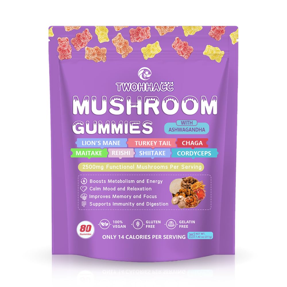 Mushroom Suplemento Gummies con Ashwagandha y Lions Mane, Maitake, Turquía Tail, Reishi, Chaga, Shiitake, Cordyceps Nootropic Brain Supplement for Focus, Memory, Immune, Support and Stress Relief