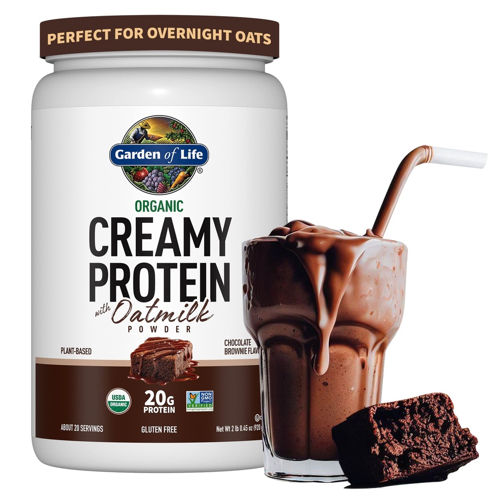 Jardín de la Vida Creamy Pólvora de Proteína orgánica vegana + OatMilk, 20g Proteína de base vegetal completa, Agua de coco, MCT, Uvas germinadas, Prebióticos, Probióticos – Libre de gluten, Brownie de chocolate, 2 LBS