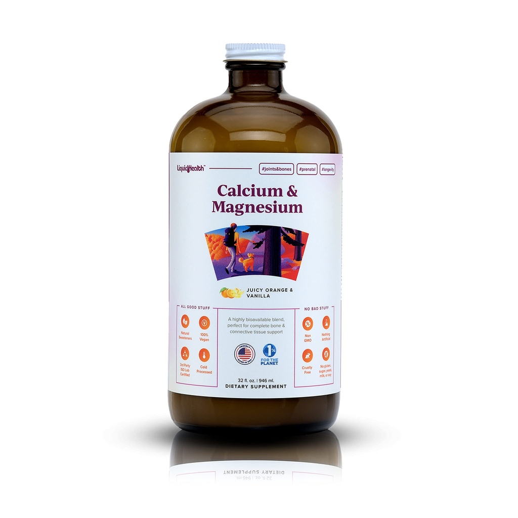 LiQUIDHEALTH Calcium &amp; Magnesium Adult Liquid Vitamin Supplement - Bone, Joint, Muscle, Connective Tissue Support, Heart Health, Essential Nutrients - Made in the USA, Vegan, Non GMO, No Sugar (32 oz)