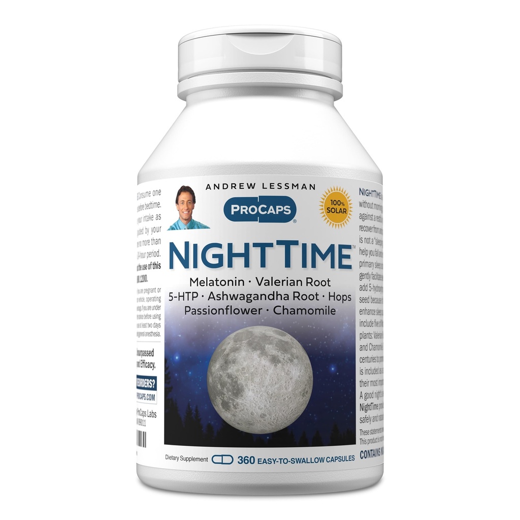ANDREW LESSMAN Night Time 360 Capsules - 3mg Melatonin, Valerian, Ashwagandha, Passionflower, Hops, Chamomile. Nada de "Mañana Grogginess". Apoyo natural, sueño suave y relajado. Cápsulas fáciles de absorber