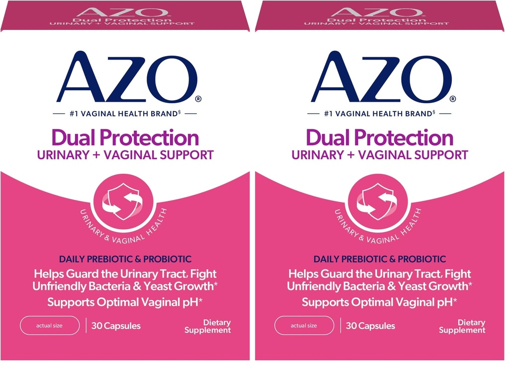 AZO Dual Protection ¦ Urinary + Vaginal Support* ← Prebiótico Plus Probiótico de Mujeres Probióticas Presenciales Comienzan a trabajar dentro de las 24 horas de duración No-GMO Silencioso 30 Cuenta (Pack of 2)