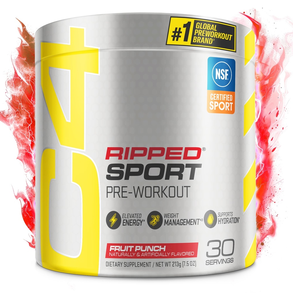 C4 Ripped Sport Pre Workout Powder Fruit Punch - NSF Certificado para Deporte + Zero Sugar Preworkout Energy Suplemento para Hombres y Mujeres - 135 mg Caffeine + Pérdida de Peso - 30 Servimientos