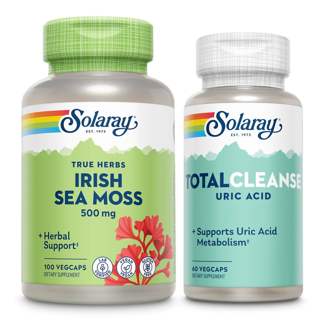 SOLARAY Irish Sea Moss and Total Cleanse Uric Acid - Wellness and Joint Health Bundle w/Naturalmente Occurring Vitamins, Minerals, Live Bacteria, Plus Tart Cherry, Turmeric y Celery Seed, 100/60ct