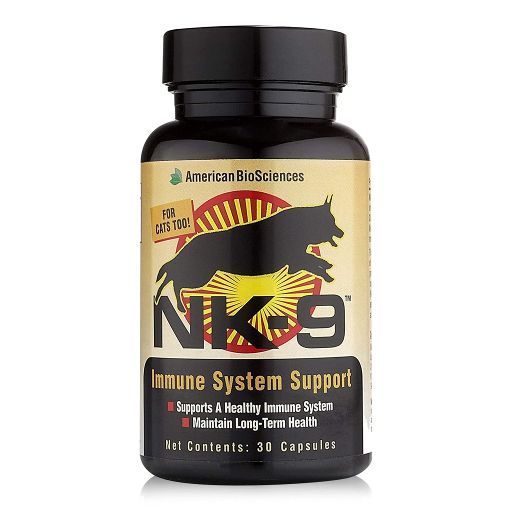 American BioSciences NK-9, AHCC Suplemento para perros &amp; gatos - Suplemento dietético para el sistema de apoyo inmunológico - Hecho para las defensas inmunitarias de mascotas - 30 cápsulas, 250 mg/capsula