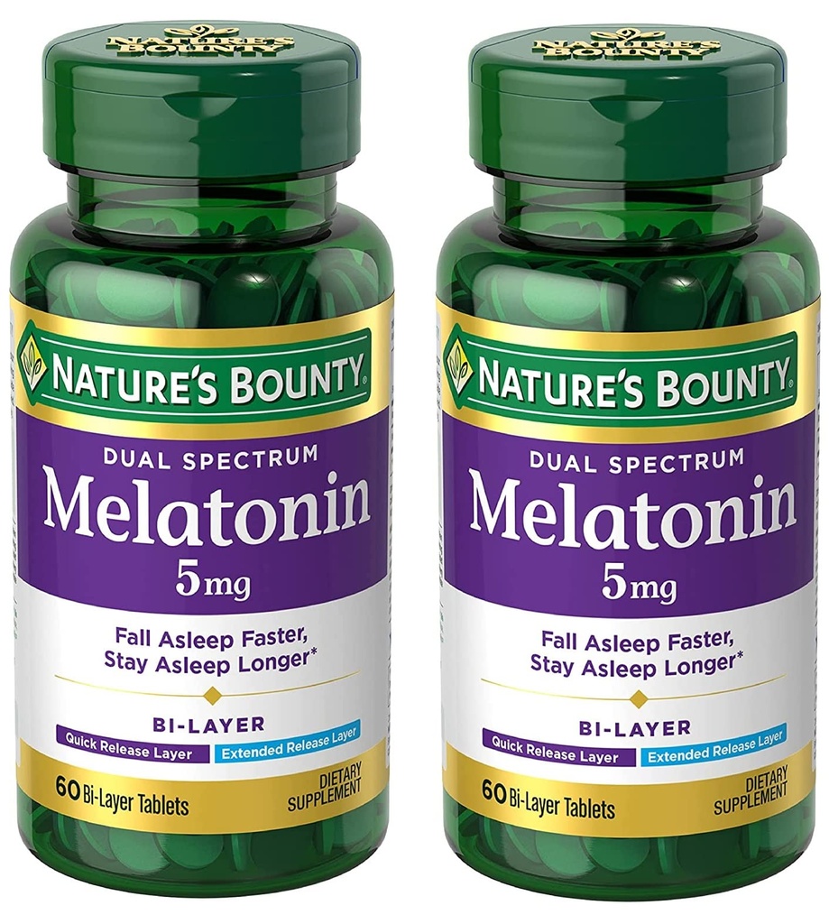 Bounty Melatonin 5mg Dual Spectrum, 100% Drug Free Sleep Supplement, Quick Release and Extended Release, Promotes Relaxation and Sleep Health, 60 Bi-Layer Tablets (Pack of 2)