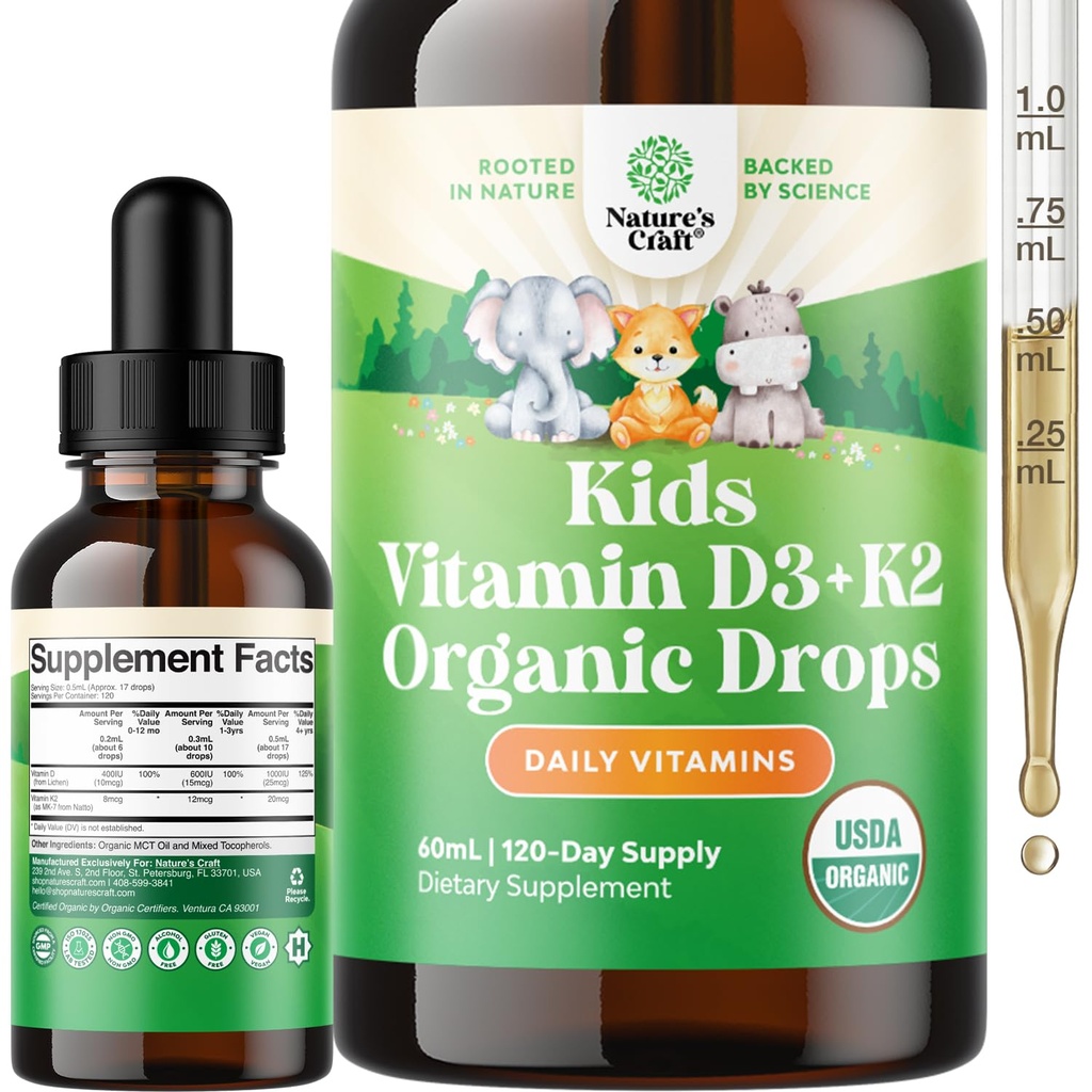 Natures Craft Kids Vitamina D3 K2 Drops - Vitamina Orgánica D para niños para huesos fuertes " Joints - Infants, Babies " Toddler Immune Support Drops Liquid Supplement - 60 ml Bottle