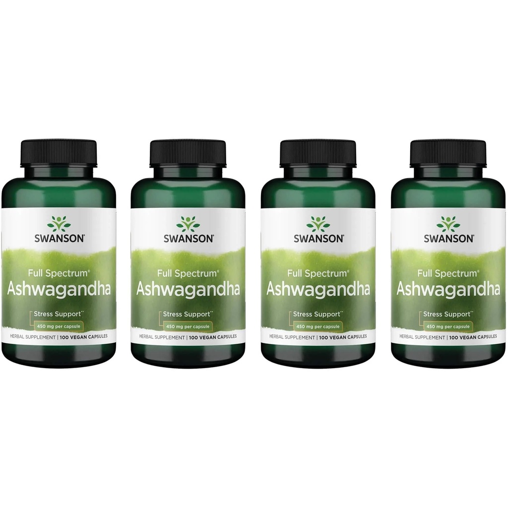 Swanson Ashwagandha Powder Supplement - with Ashwagandha Root to Promote Stress Relief & Energy - Ayurvedic Supplement for Natural Wellness (100 cápsulas, 450 mg cada uno) 4 Pack