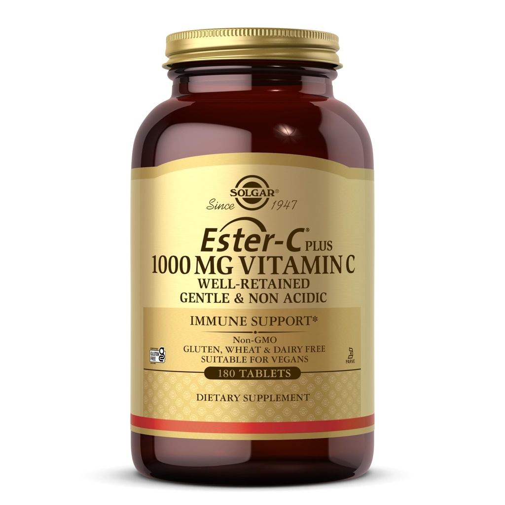 Solgar Ester-C Plus 1000 mg Vitamina C (Complejo de Ascorbate) - 180 Tabletas - Gentle " Non Acidic - Apoya la salud respiratoria superior - No GMO, Libre de gluten - 180 Servimientos