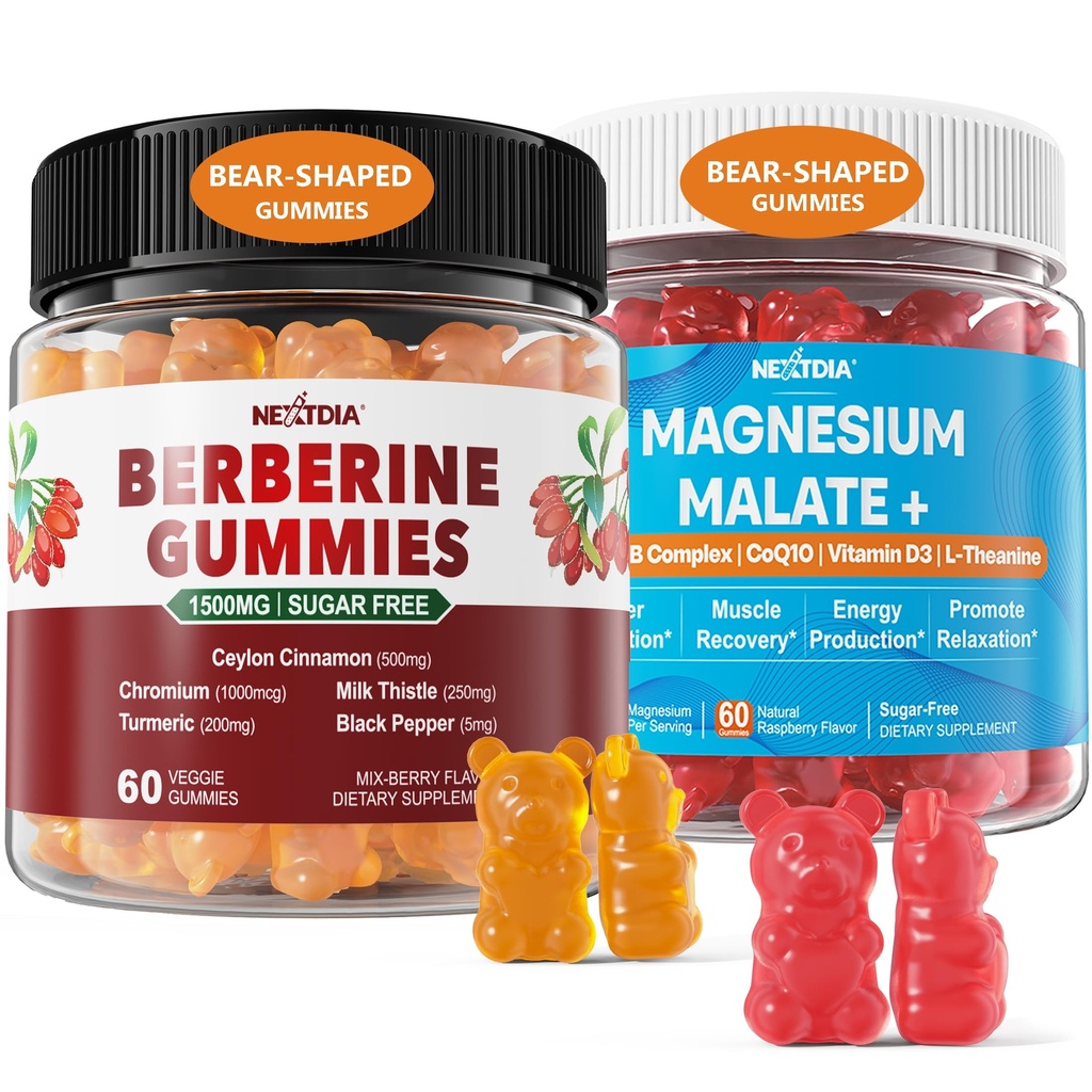 2Pack Berberine Suplemento Gummies 1500mg + 2Pack Magnesium Malate con CoQ10-100mg Gummies