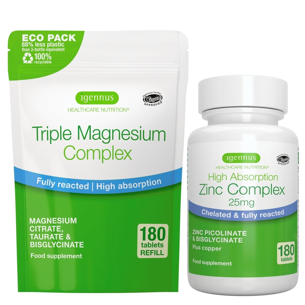 Complejo de Magnesio Triple 180 Tabletas + Complejo de Zinc Bundle Vegan, Alta Absorción Magnesio Chelated + 25 mg Zinc Picolinate & Bisglycinate with Copper, por Igennus