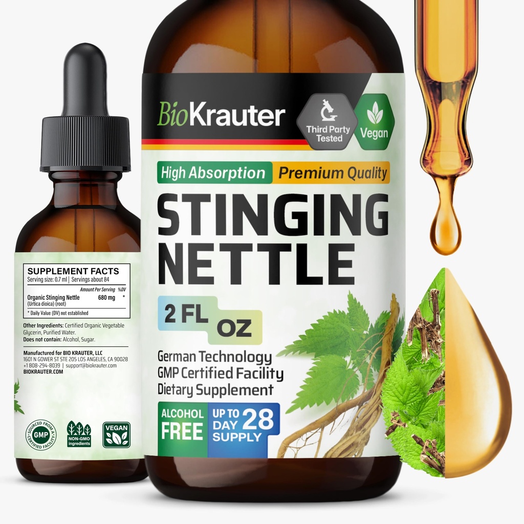 BIO KRAUTER Stinginging Nettle Tincture - Nettle Root Extract Liquid - Urinary Support Supplement - Urtica Dioica Natural Extract - Vegan, Azúcar &amp; Alcohol Free Drops 2 Fl.Oz.
