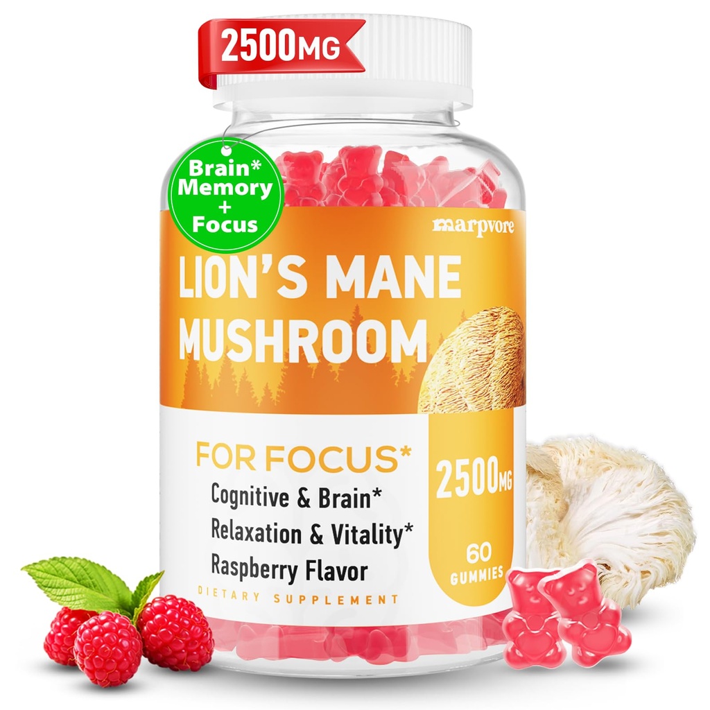 Lions Mane Gummies, Organic Lion's Mane Gummies for Adults, con Ashwagandha & Alpha GPC, Cortisol Suplementos para Hombres Mujer, 60 Condes