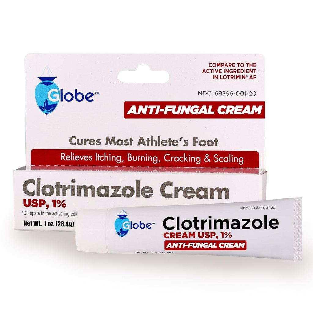 Globe Clotrimazole Crema antifungal 1% USP (1 oz), Tratamiento anti fúngico, Alivia picazón, quema, atraque y escalada Athletes asociados Pie, Jock Itch, Ringworm y Más