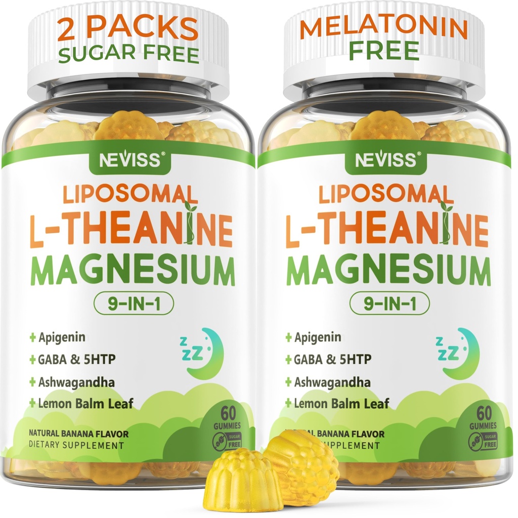 Liposomal L-Theanine 200mg Magnesium Glycinate 400mg Gummies with GABA, 5HTP, Apigenin, Vitamina B6 &amp; D3, Ashwagandha, Lemon Balm Leaf, Melatonin Free Sleep Chewable for Relax Mood & Muscle, 2 Packs